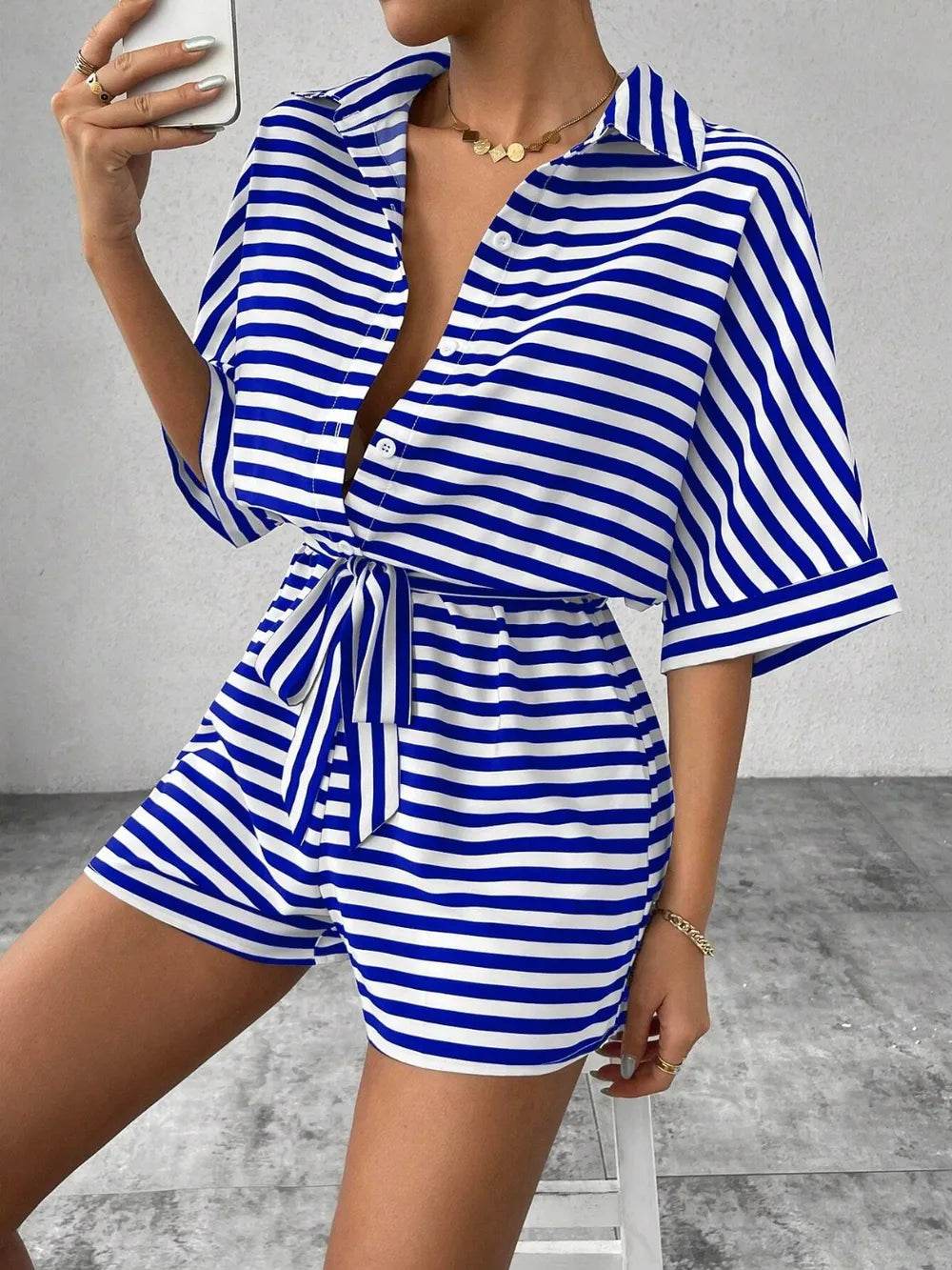 Tie Waist Half Button Striped Romper - Ultim8 Designs 4 U