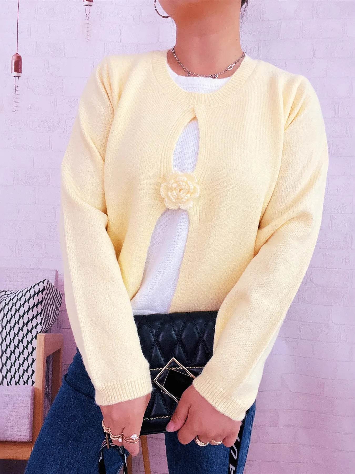 Flower Contrast Round Neck Sweater - Ultim8 Designs 4 U