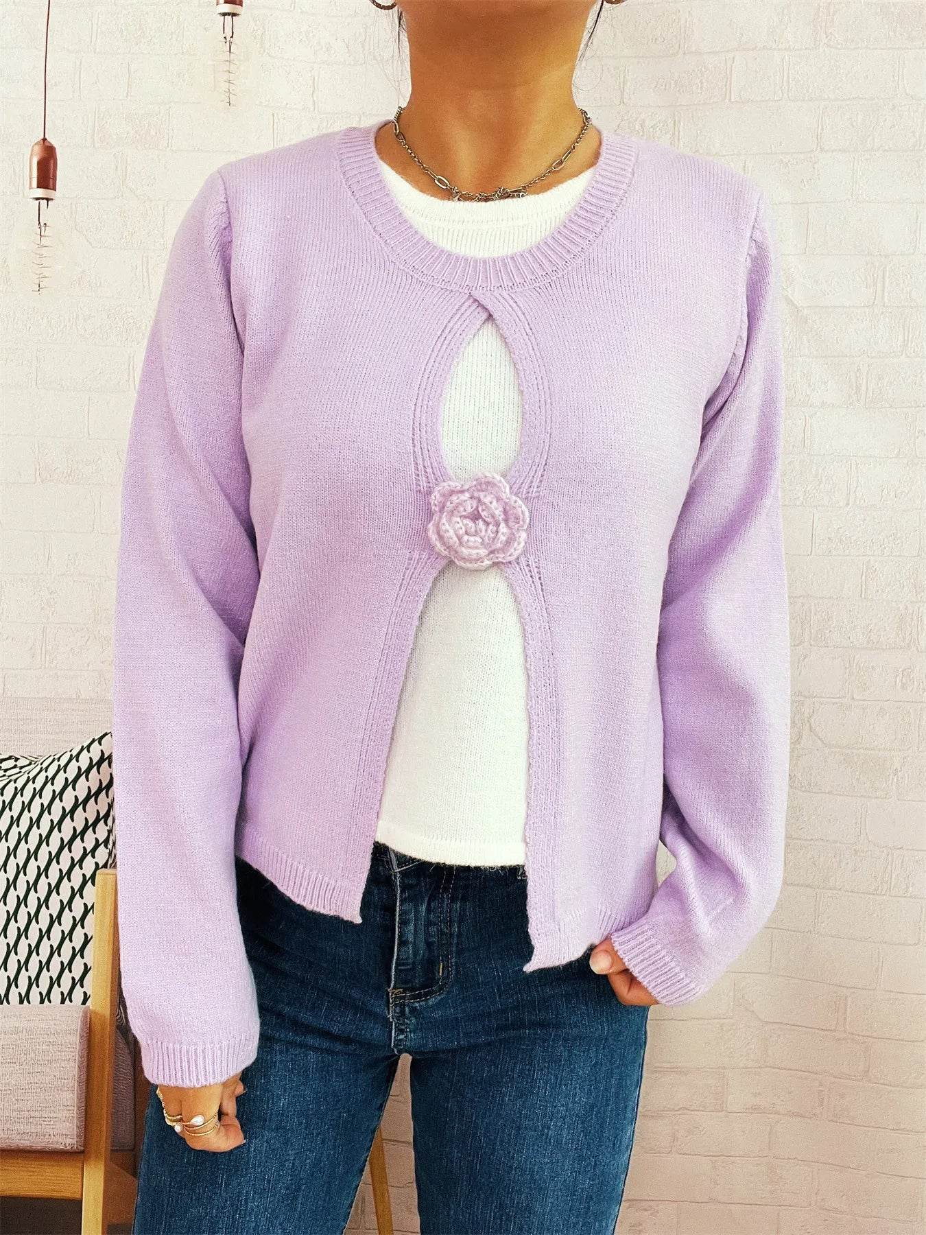 Flower Contrast Round Neck Sweater - Ultim8 Designs 4 U