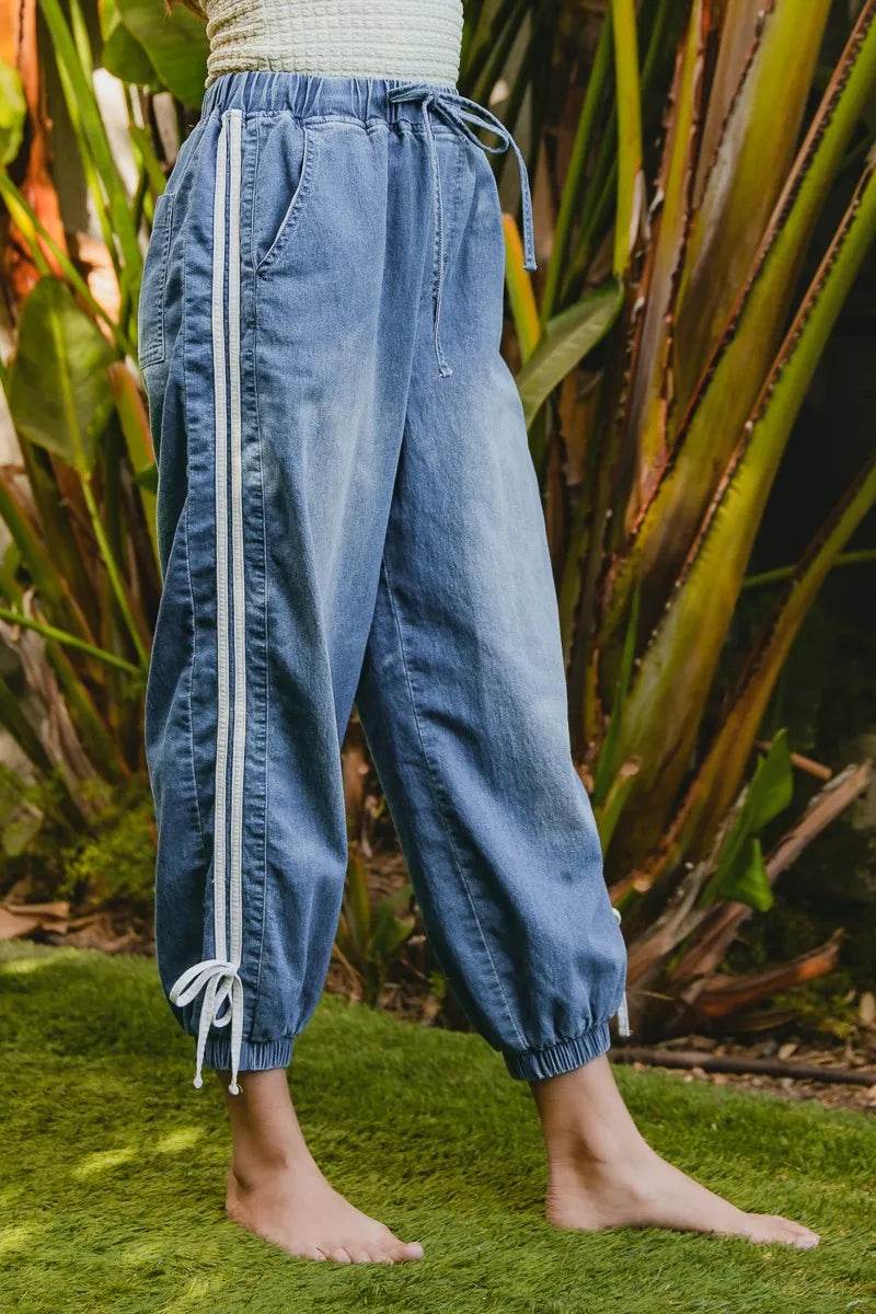 BiBi Striped Tape Details With Bot Tied Point Elastic Waist Jeans - Ultim8 Designs 4 U