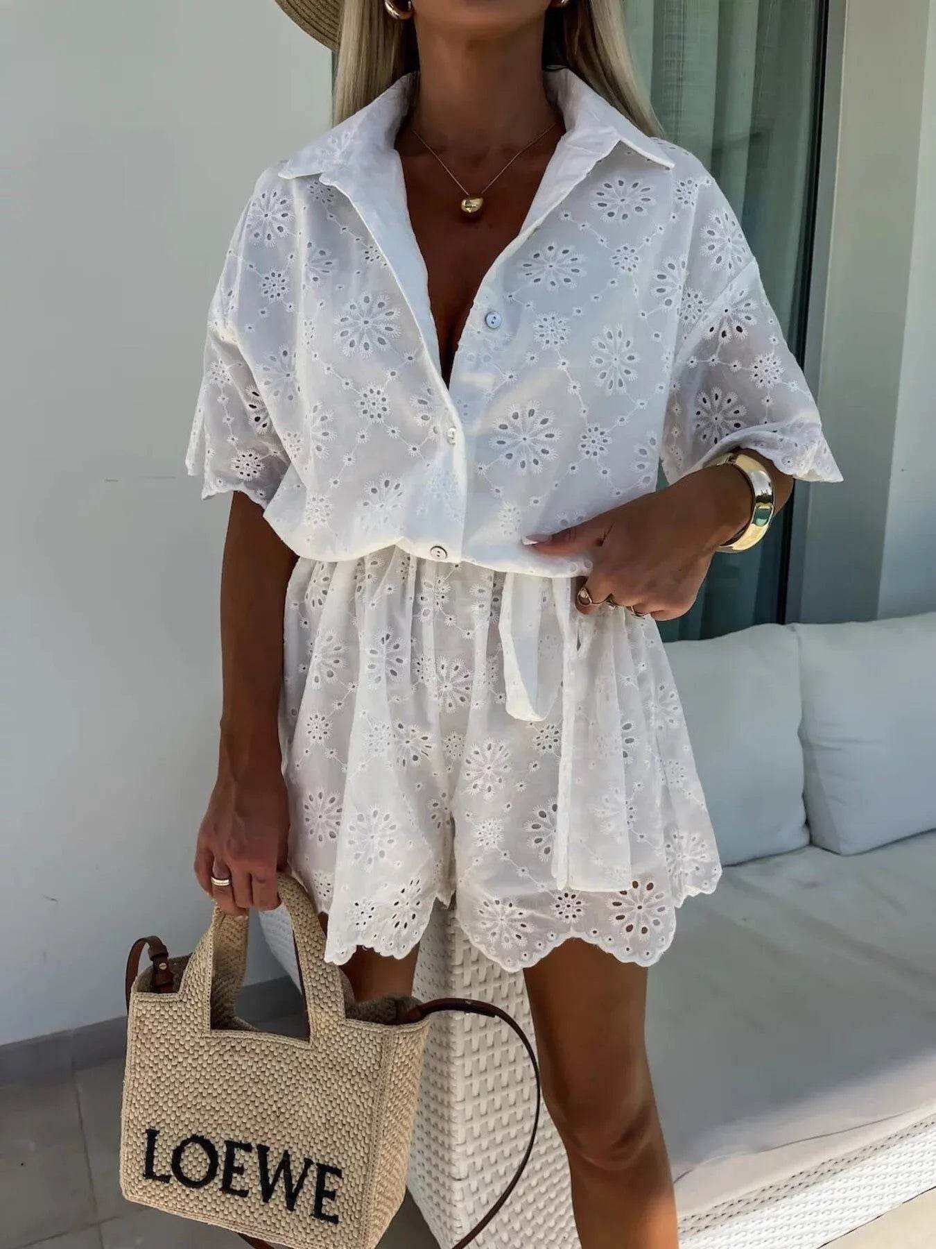 Eyelet Lace Button-Up Romper - Ultim8 Designs 4 U