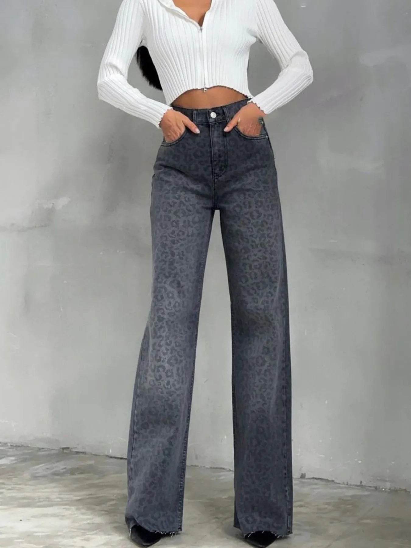 High-Waisted Leopard Print Flare Jeans - Ultim8 Designs 4 U