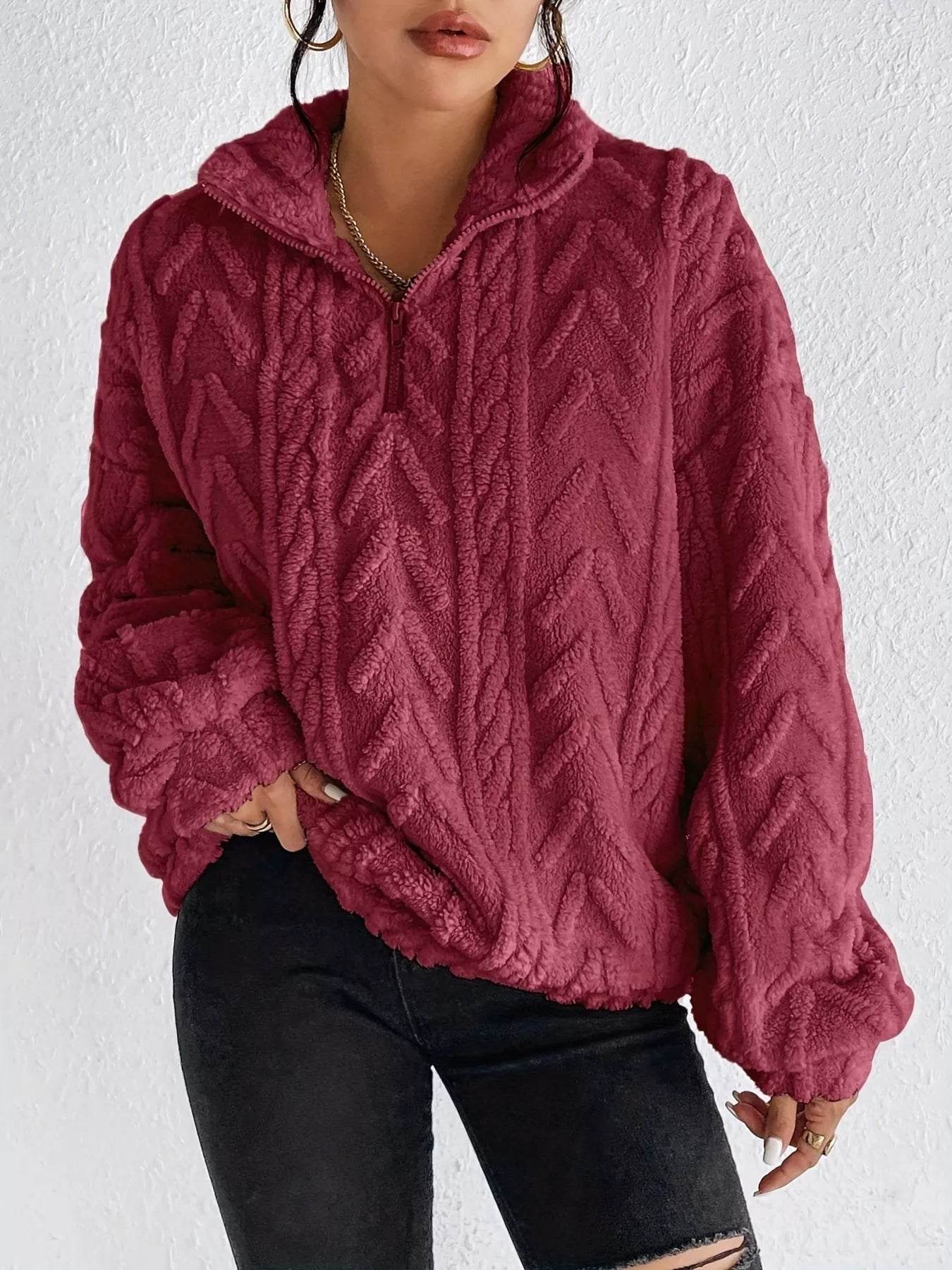 Quarter Zip Dropped Shoulder Sherpa Sweatshirt - Ultim8 Designs 4 U