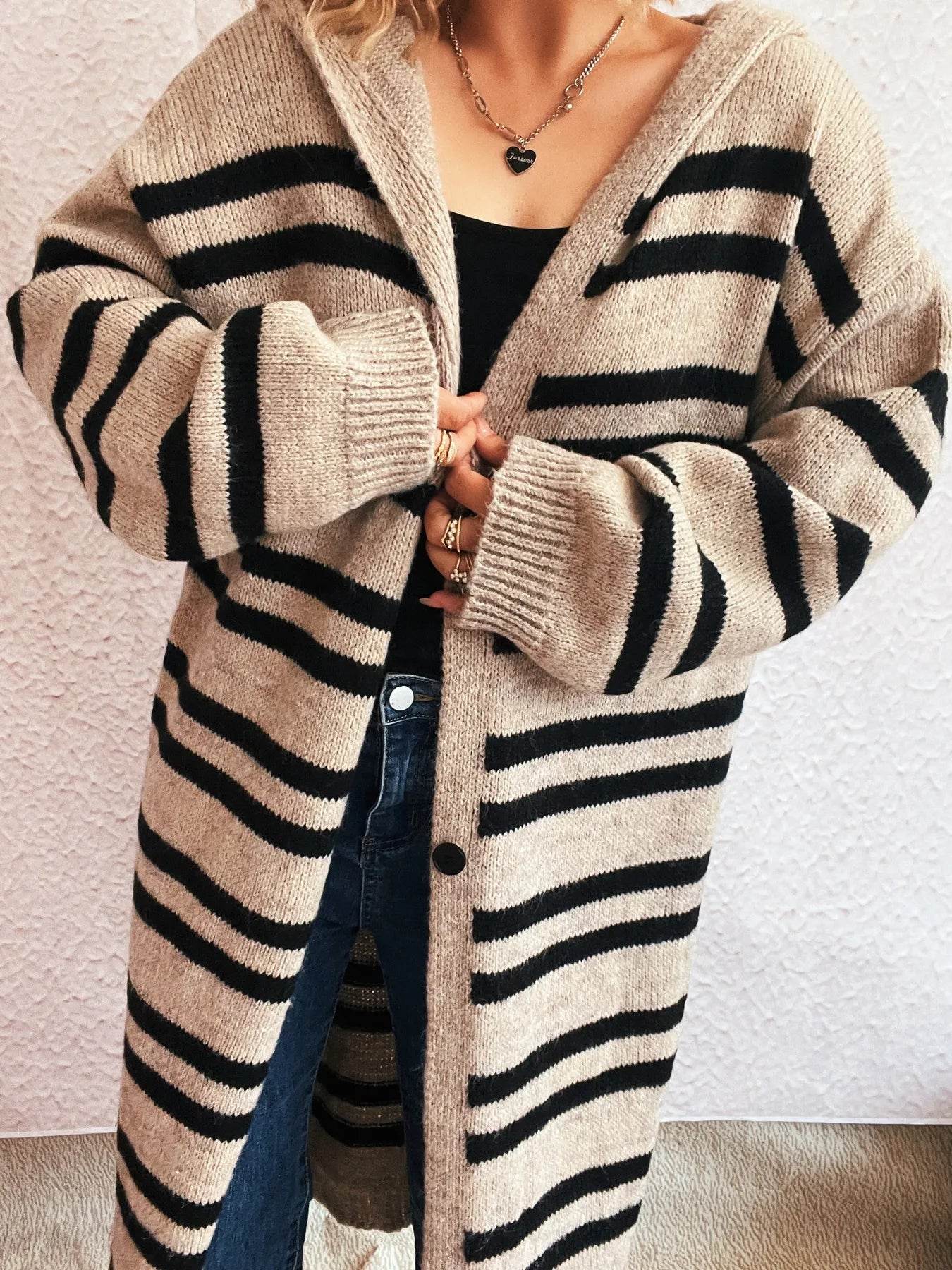 Striped Open Front Hooded Cardigan - Ultim8 Designs 4 U