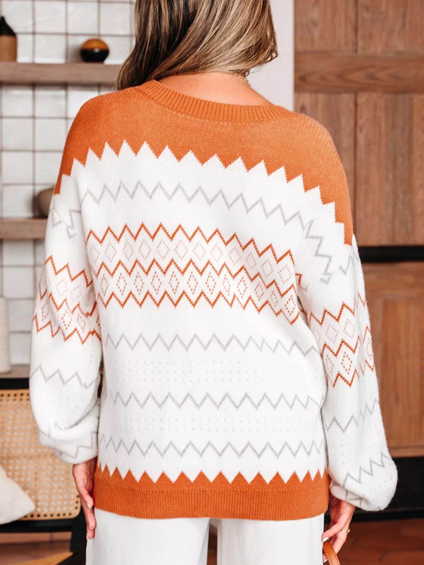 Zigzag Geometric Pattern Round Neck Sweater - Ultim8 Designs 4 U