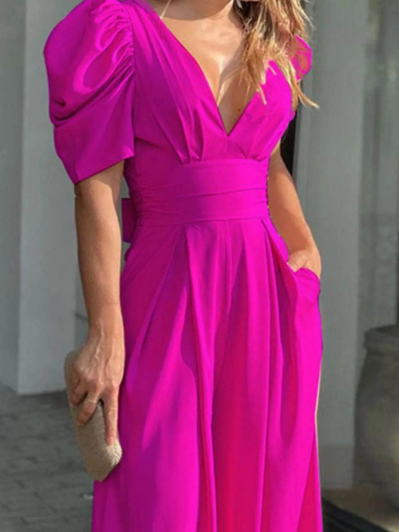 Full Size Cutout V-Neck Puff Sleeve Jumpsuit Plus Size - Ultim8 Designs 4 U