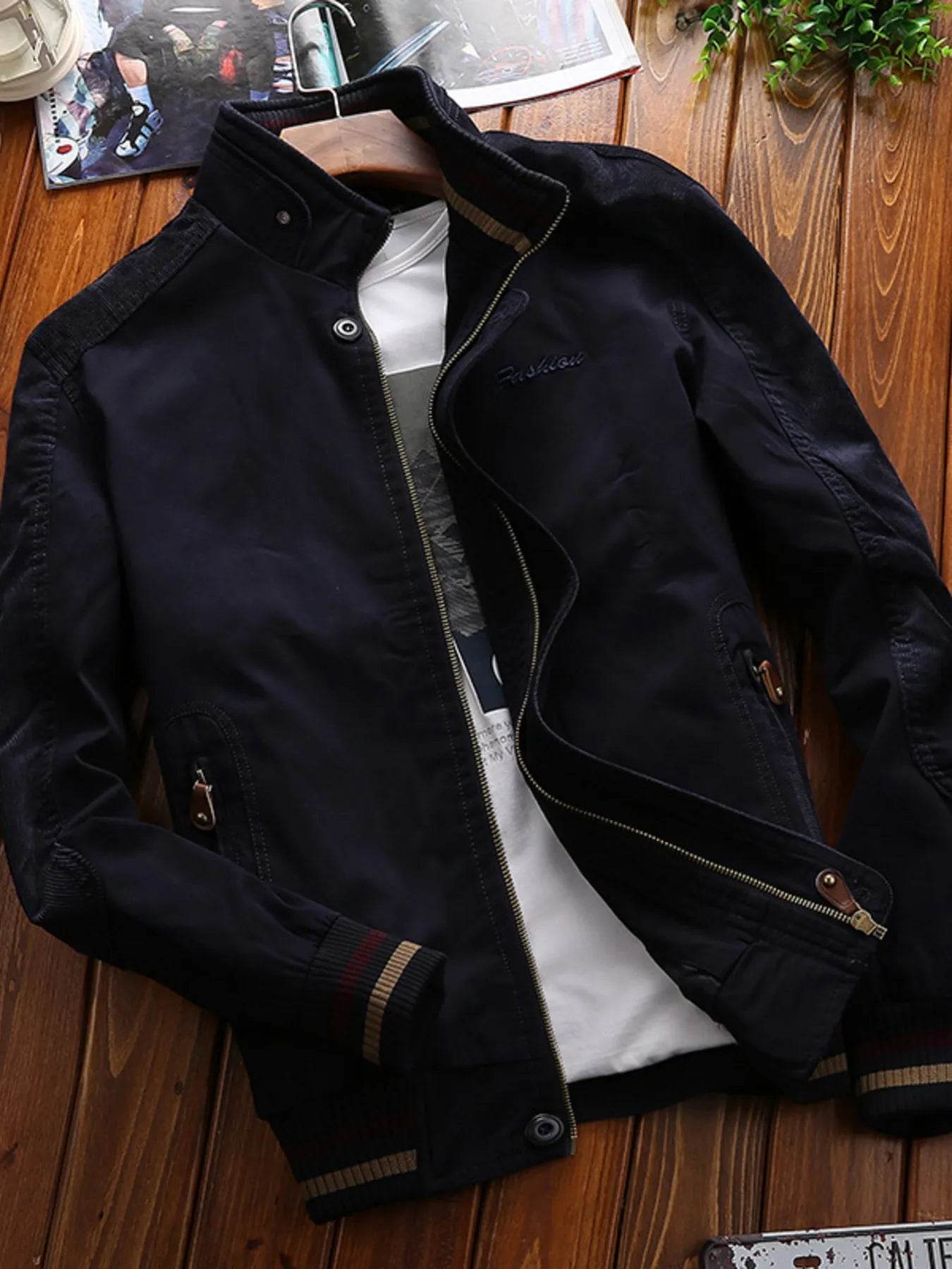 Men's Full Size Bomber Jacket with Ribbed Cuffs and Collar Plus Size - Ultim8 Designs 4 U