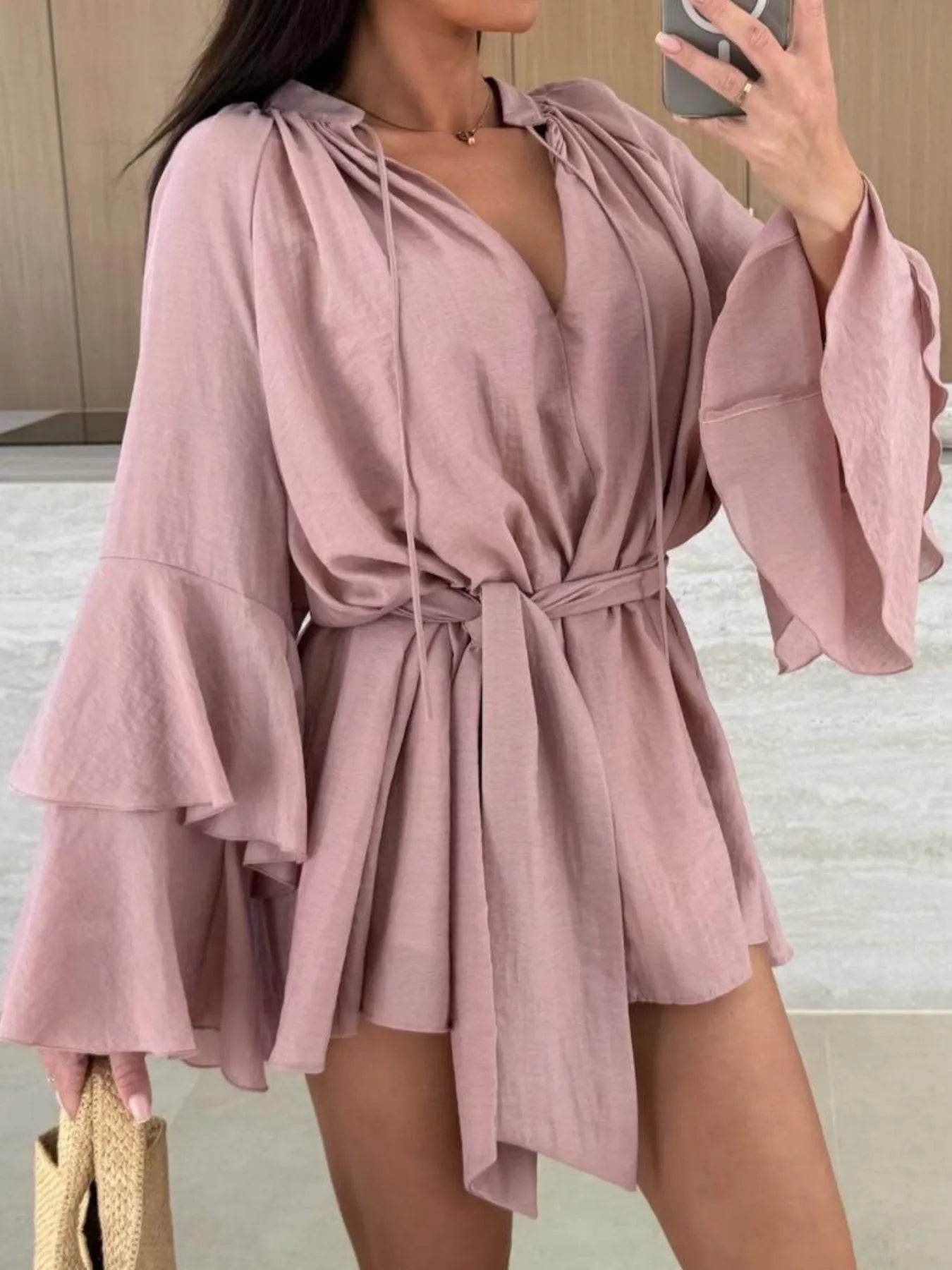 Bell Sleeve Tie Waist Mini Shirt Dress - Ultim8 Designs 4 U