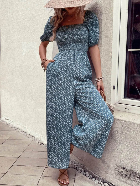 Printed Square Neck Puff Sleeve Jumpsuit - Ultim8 Designs 4 U