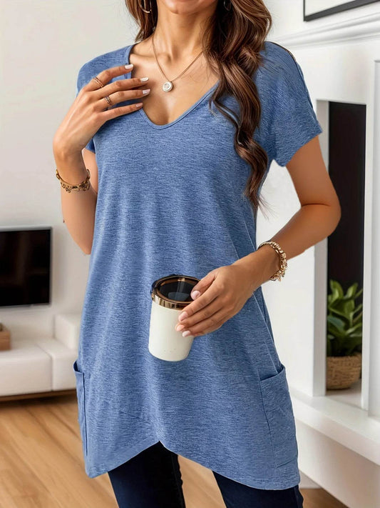 Full Size V-Neck Pocket Front Asymmetric Hem T-Shirt Plus Size - Ultim8 Designs 4 U