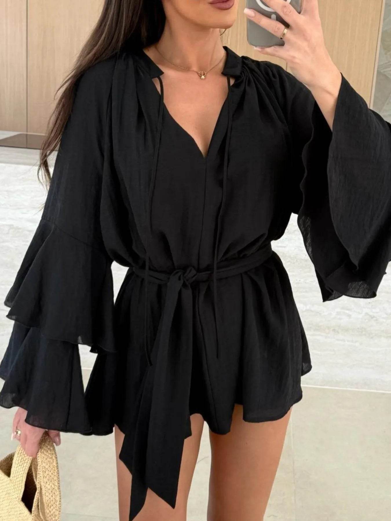 Bell Sleeve Tie Waist Mini Shirt Dress - Ultim8 Designs 4 U
