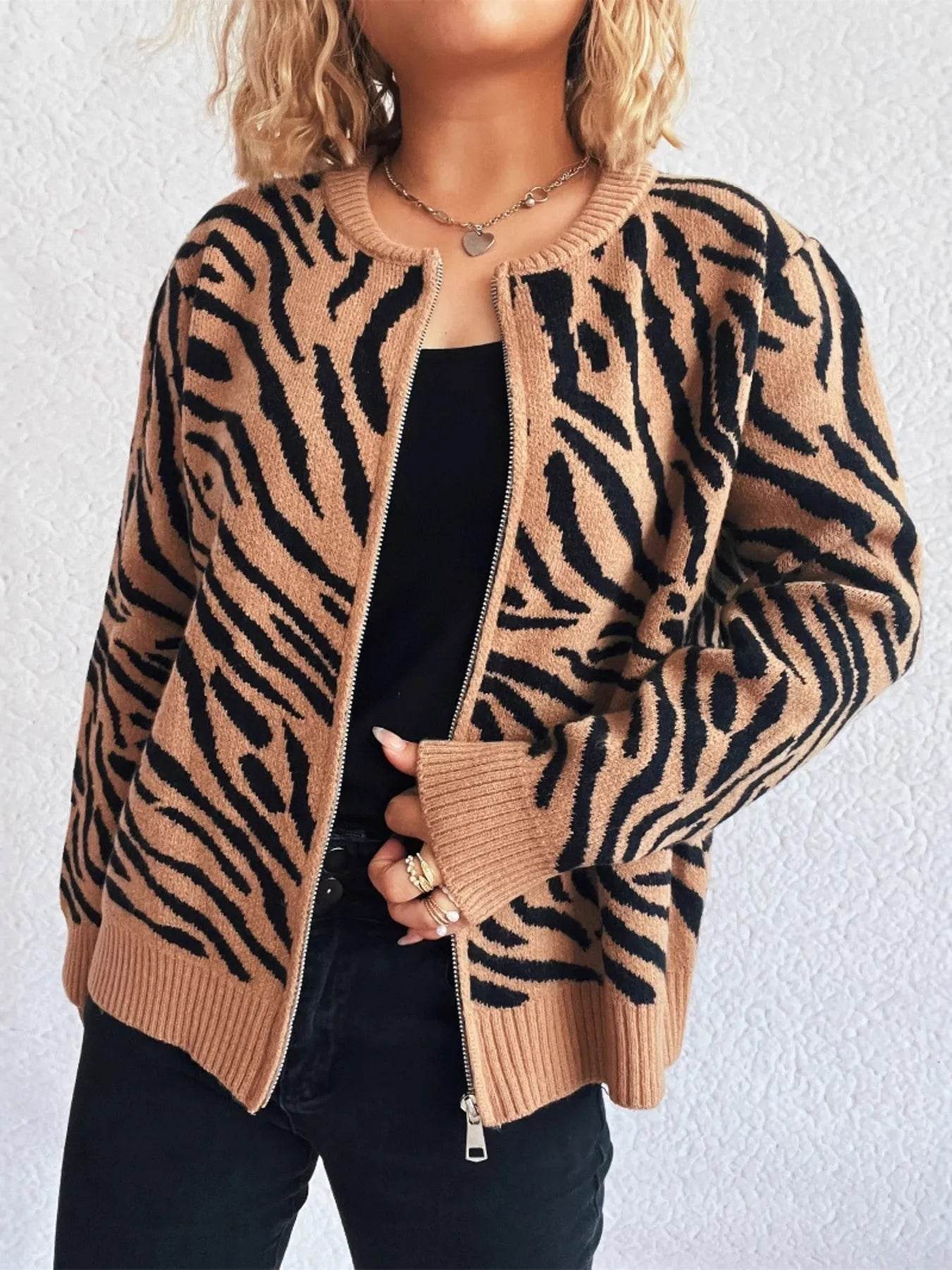 Zebra Print Zip Up Cardigan - Ultim8 Designs 4 U