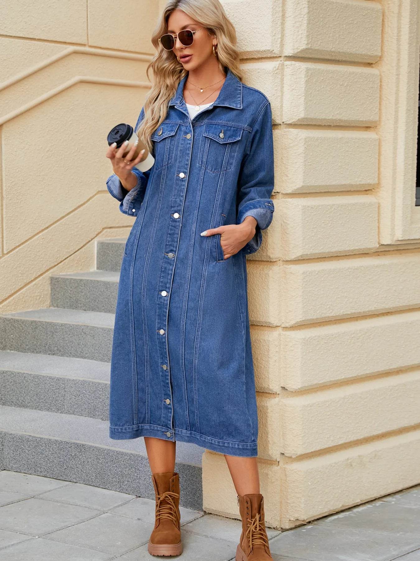 Button Up Long Sleeve Longline Denim Jacket - Ultim8 Designs 4 U