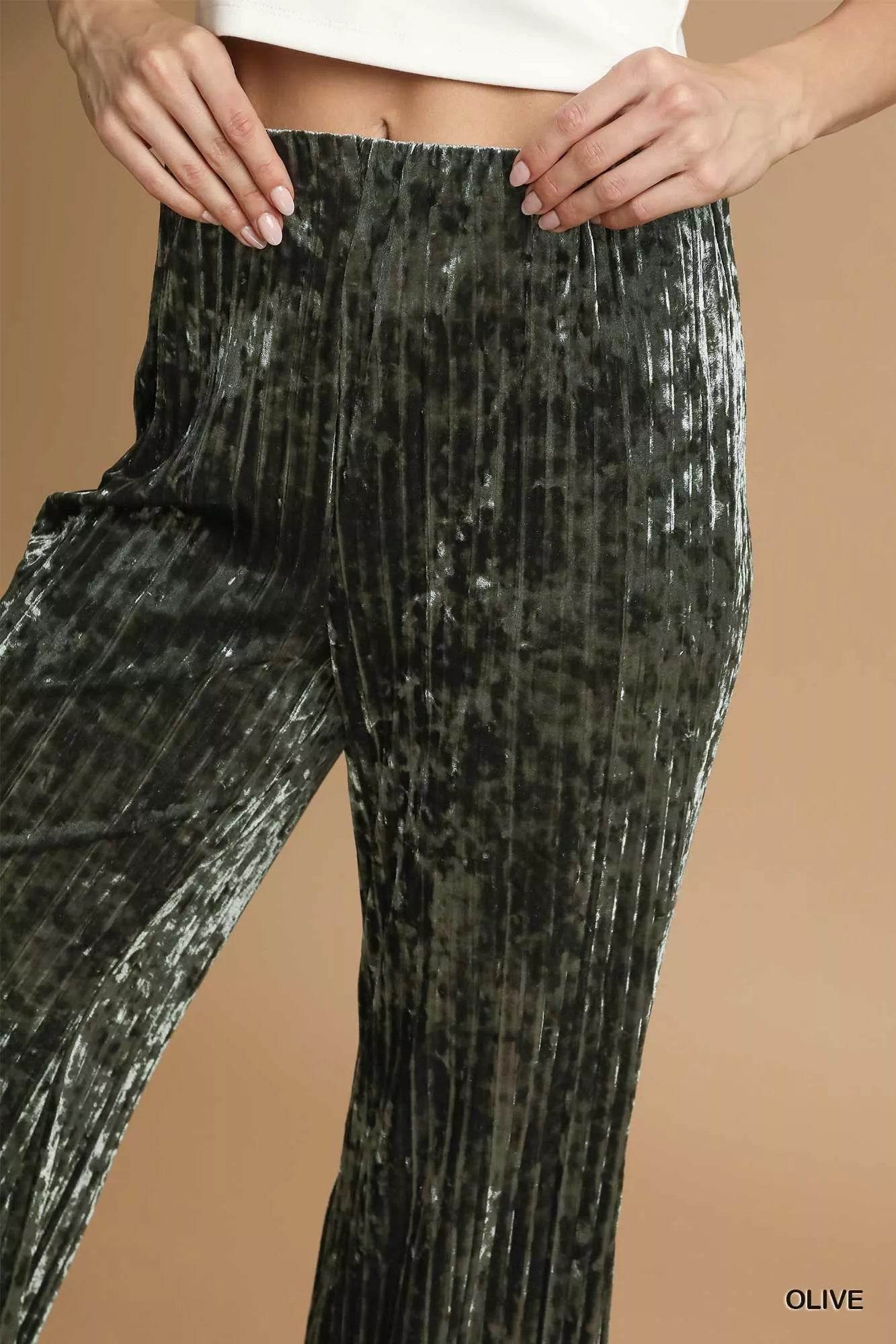 Umgee Velvet Pleated Wide Leg Pants - Ultim8 Designs 4 U