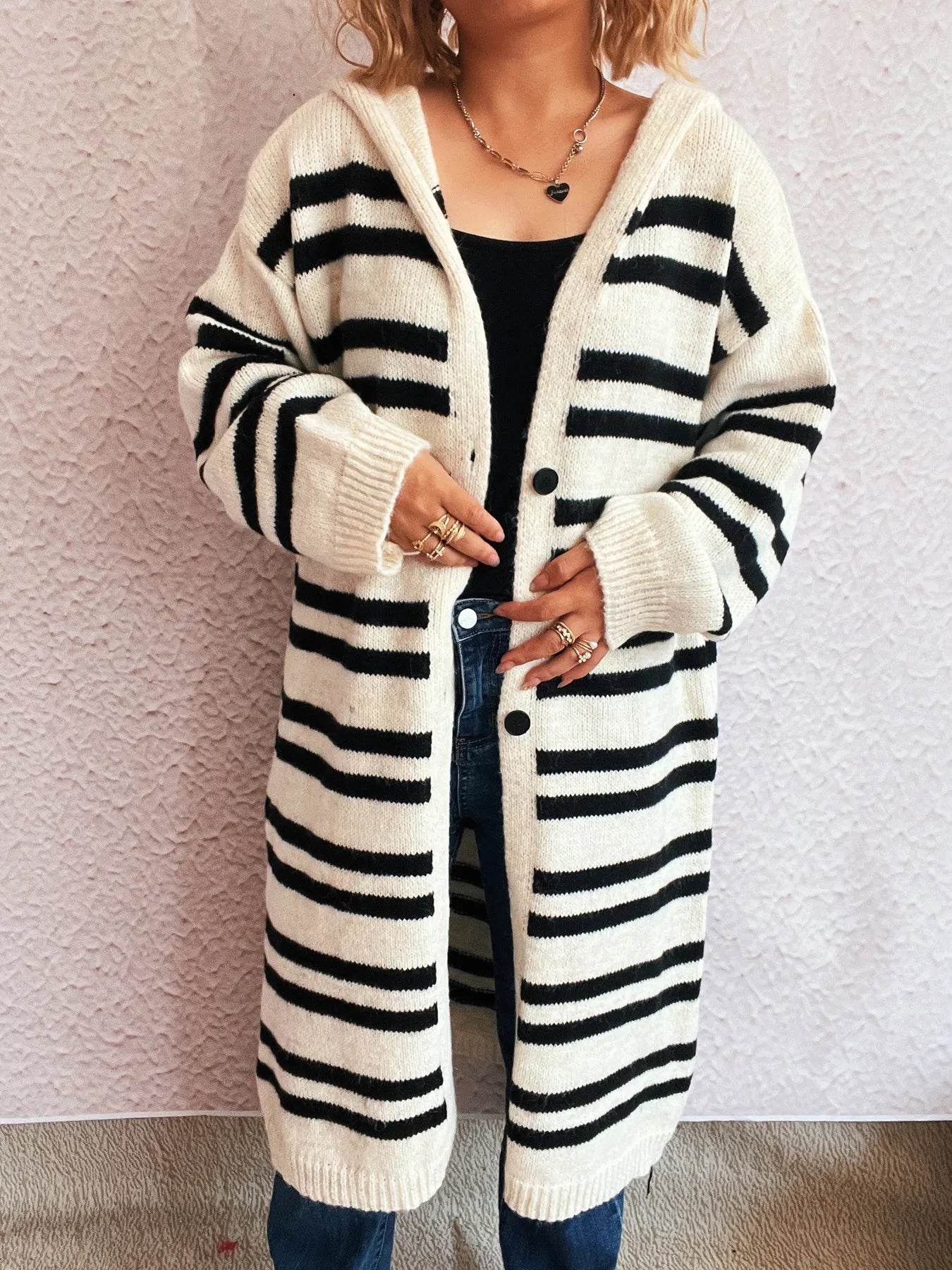 Striped Open Front Hooded Cardigan - Ultim8 Designs 4 U