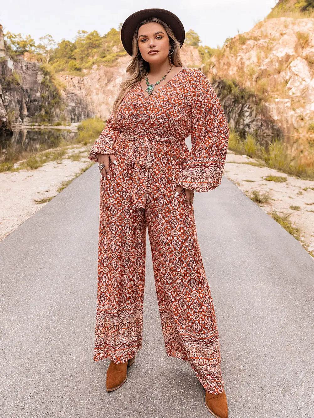 Plus Size Printed V-Neck Tie Front Balloon Sleeve Jumpsuit - Ultim8 Designs 4 U