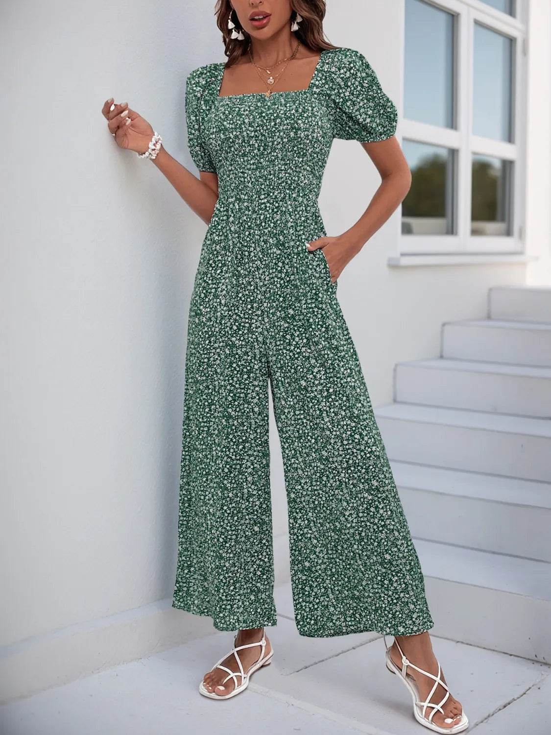 Printed Square Neck Puff Sleeve Jumpsuit - Ultim8 Designs 4 U