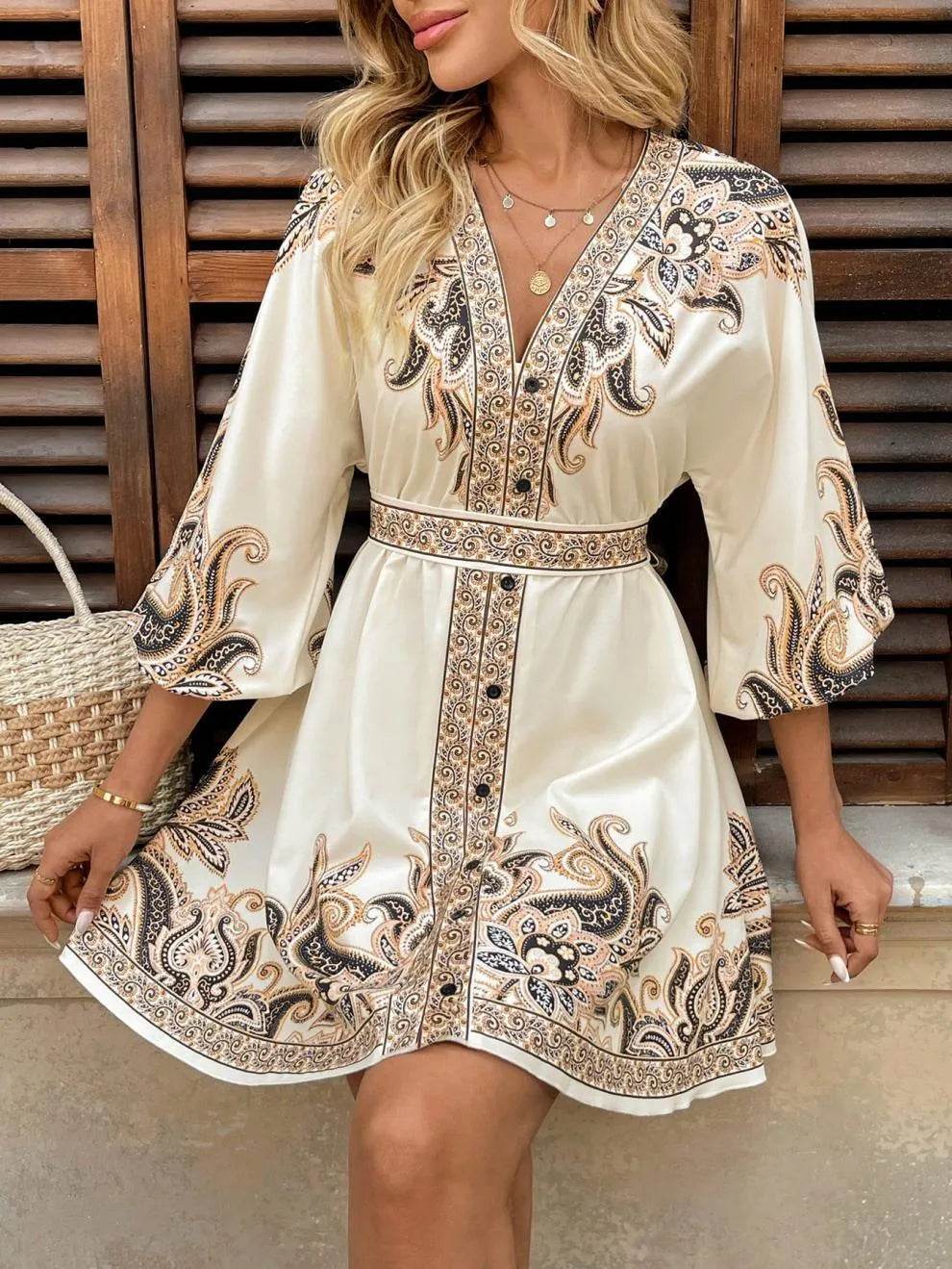 Paisley V-Neck 3/4 Sleeve Mini Dress - Ultim8 Designs 4 U