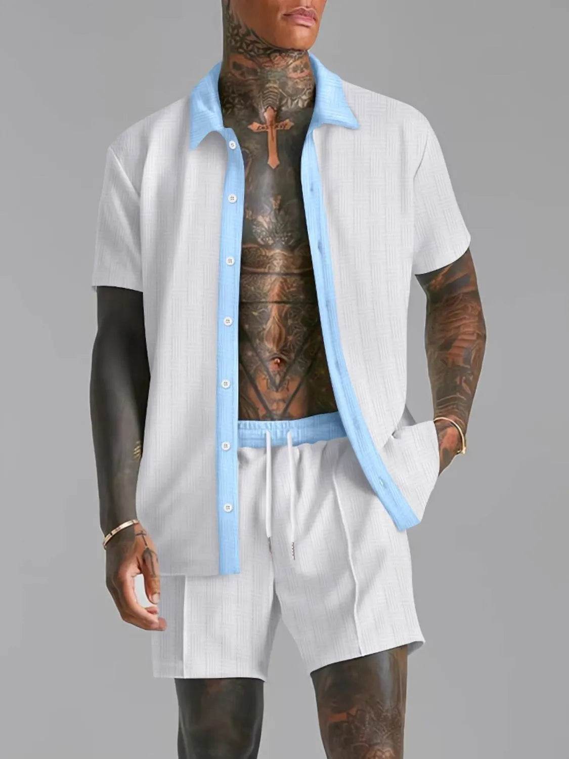 Men's Full Size Collared Neck Short Sleeve Top and Shorts Set Plus Size - Ultim8 Designs 4 U