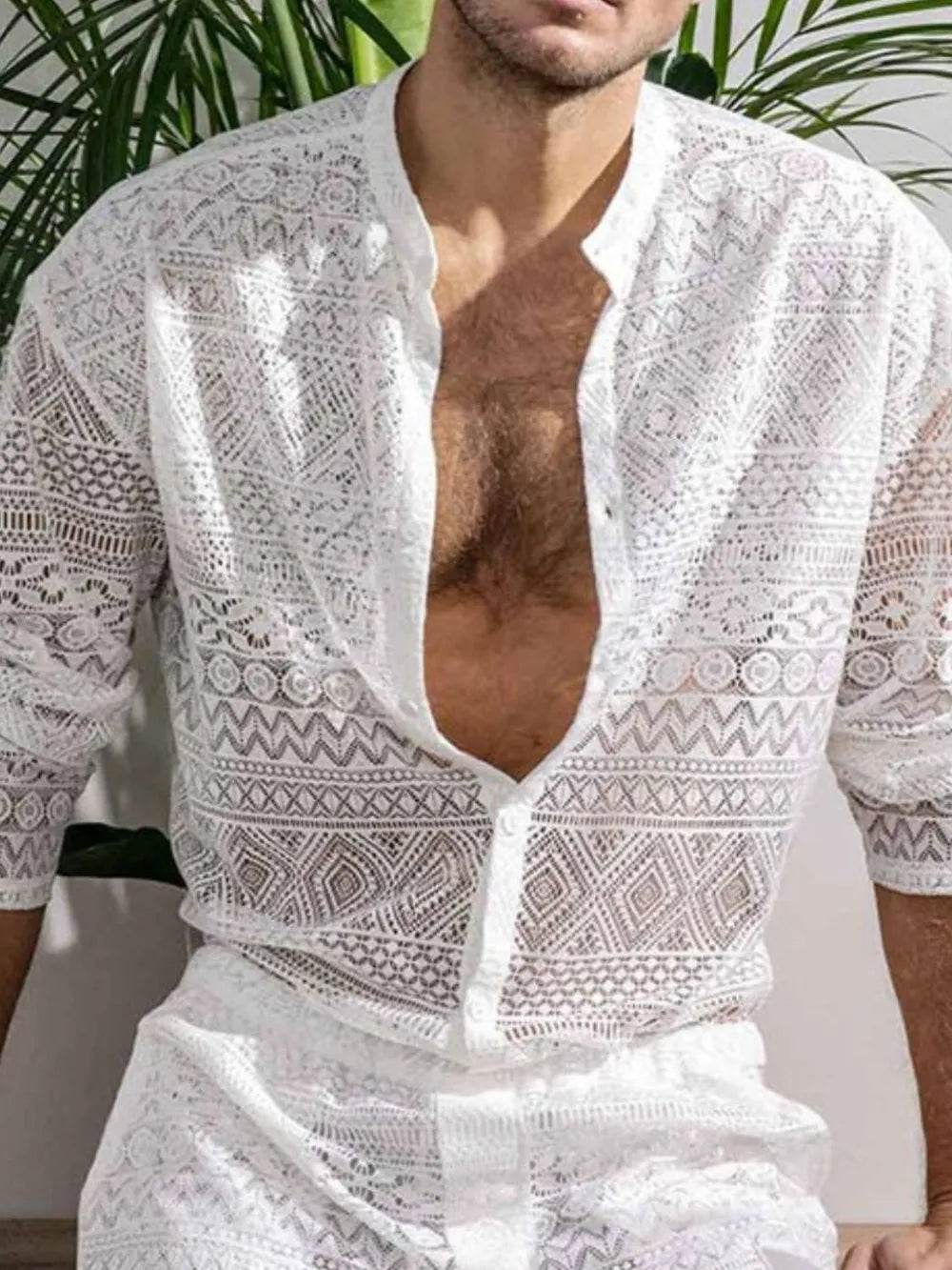 Men's Full Size Lace Button Down Top and Shorts Set Plus Size - Ultim8 Designs 4 U