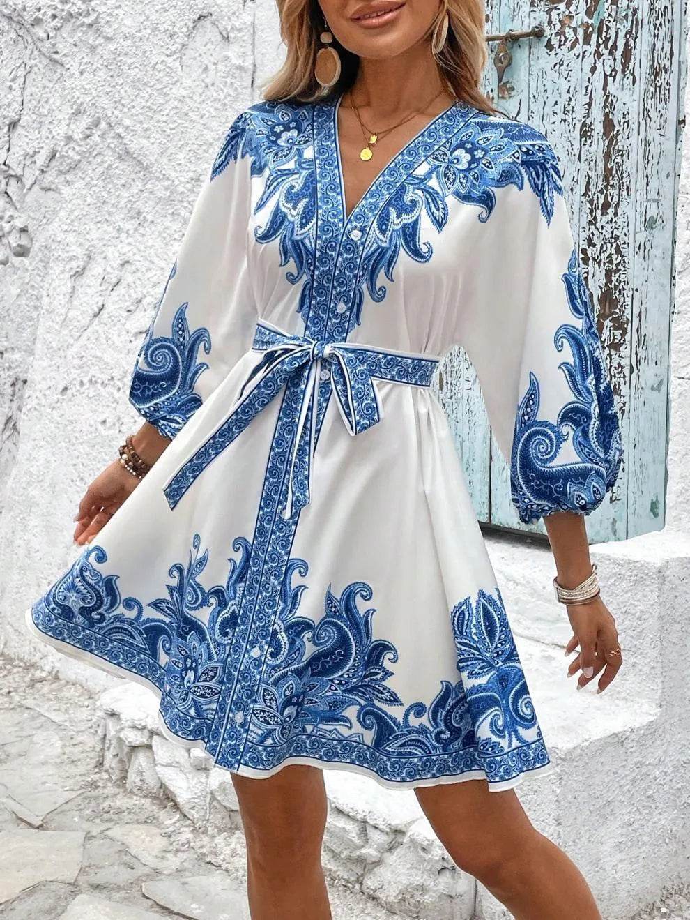 Paisley V-Neck 3/4 Sleeve Mini Dress - Ultim8 Designs 4 U