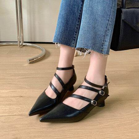 Full Leather Inside And Outside Thick Heel Pointed Buckle Leather Shoes - Ultim8 Designs 4 U