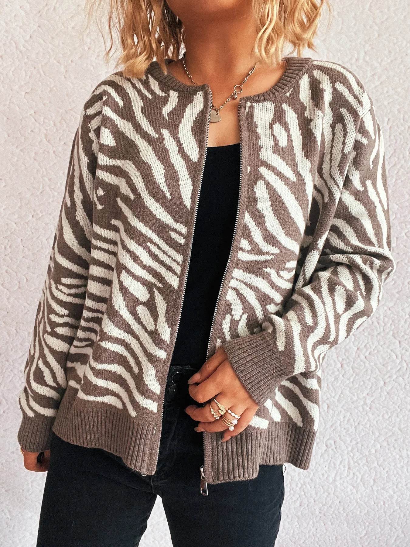 Zebra Print Zip Up Cardigan - Ultim8 Designs 4 U