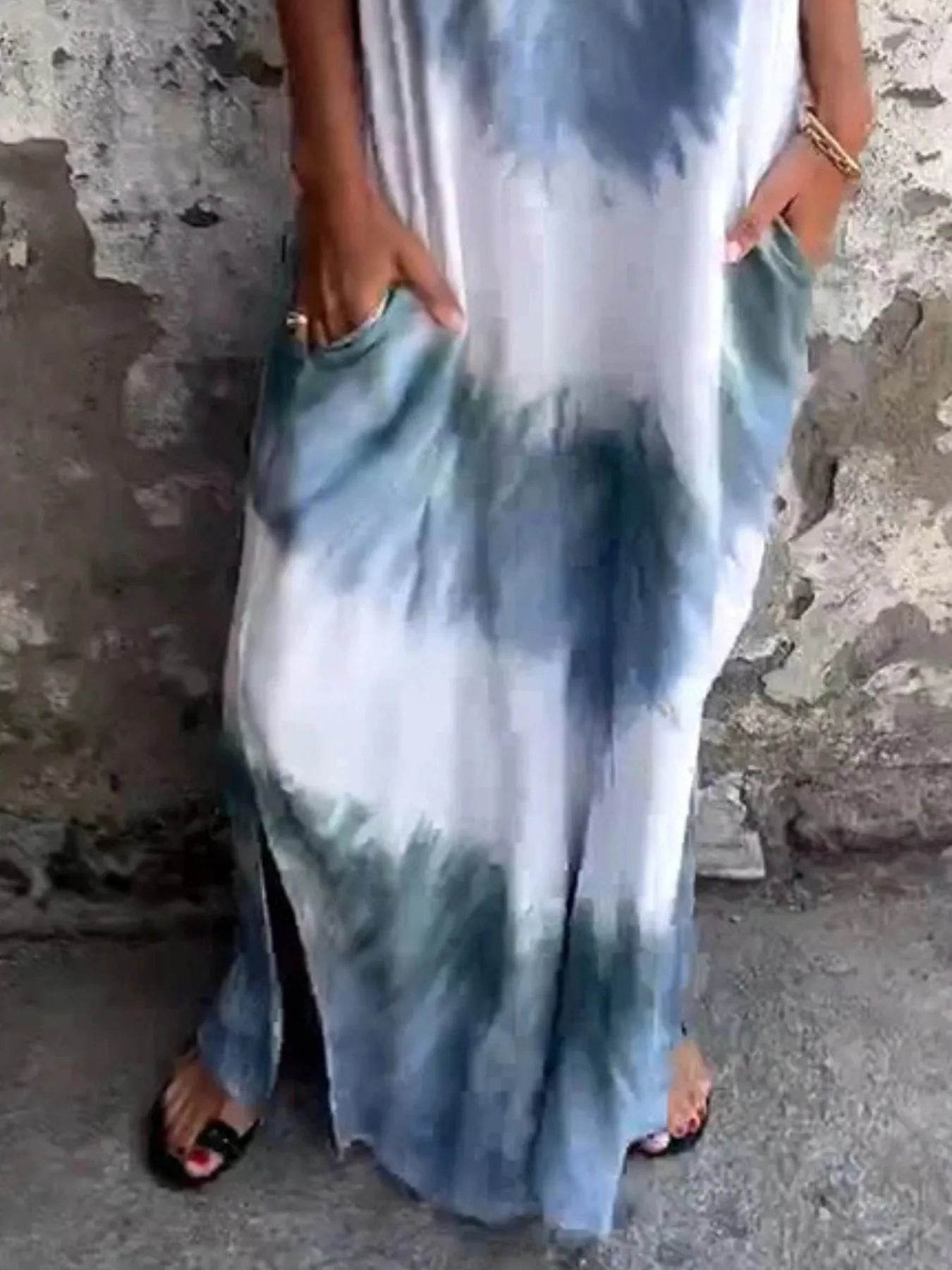 Full Size Tie-Dye V-Neck Midi Dress with Pockets Plus Size - Ultim8 Designs 4 U