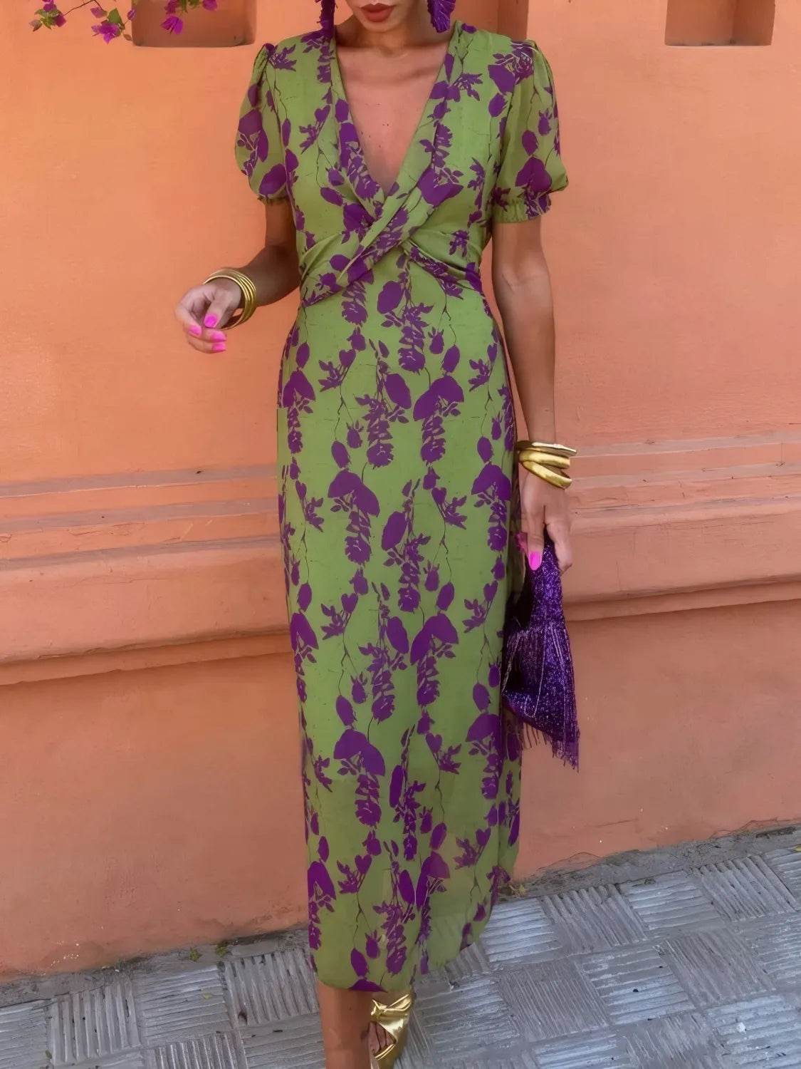Printed Plunge Short Sleeve Midi Dress - Ultim8 Designs 4 U