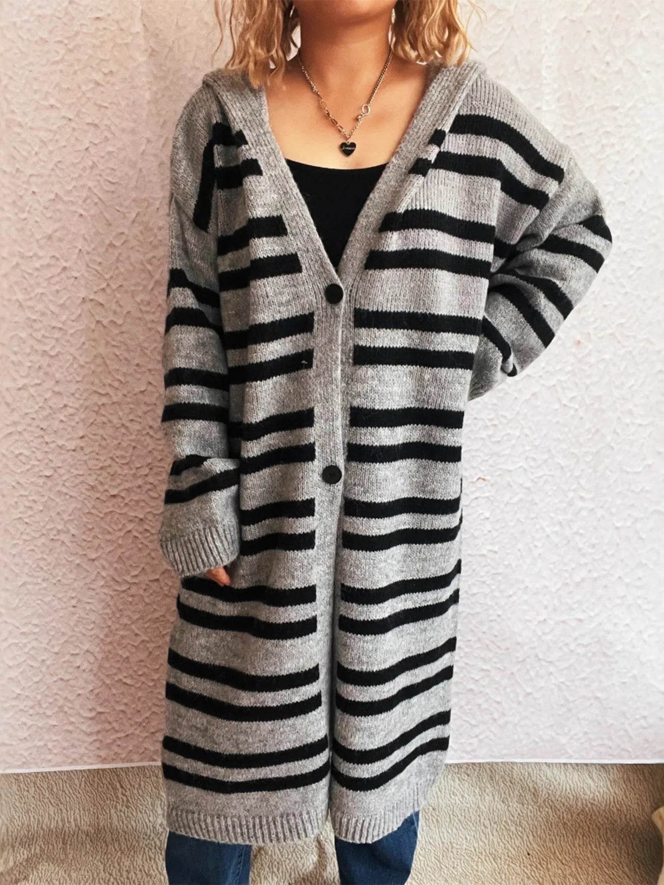 Striped Open Front Hooded Cardigan - Ultim8 Designs 4 U