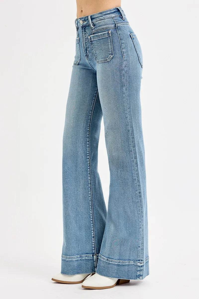 RISEN Full Size High Rise Wide Flare Patch Pocket Jeans Plus Size - Ultim8 Designs 4 U