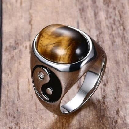 Tiger Eye Stone Ring with Yin Yang - Vintage Men's Stainless Steel Jewelry Gift