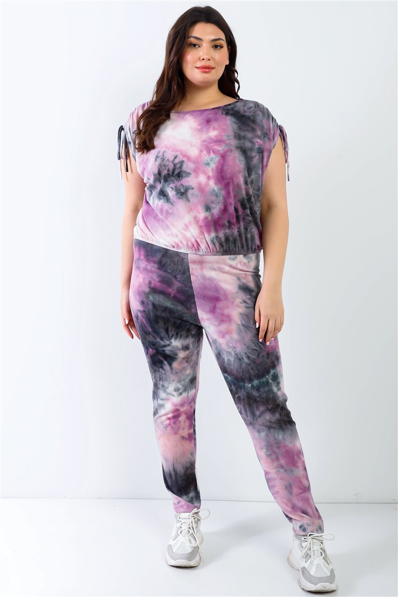Plus Purple & Black Tie-dye Ruched Shoulder Detail Top & Pants Set 3XL