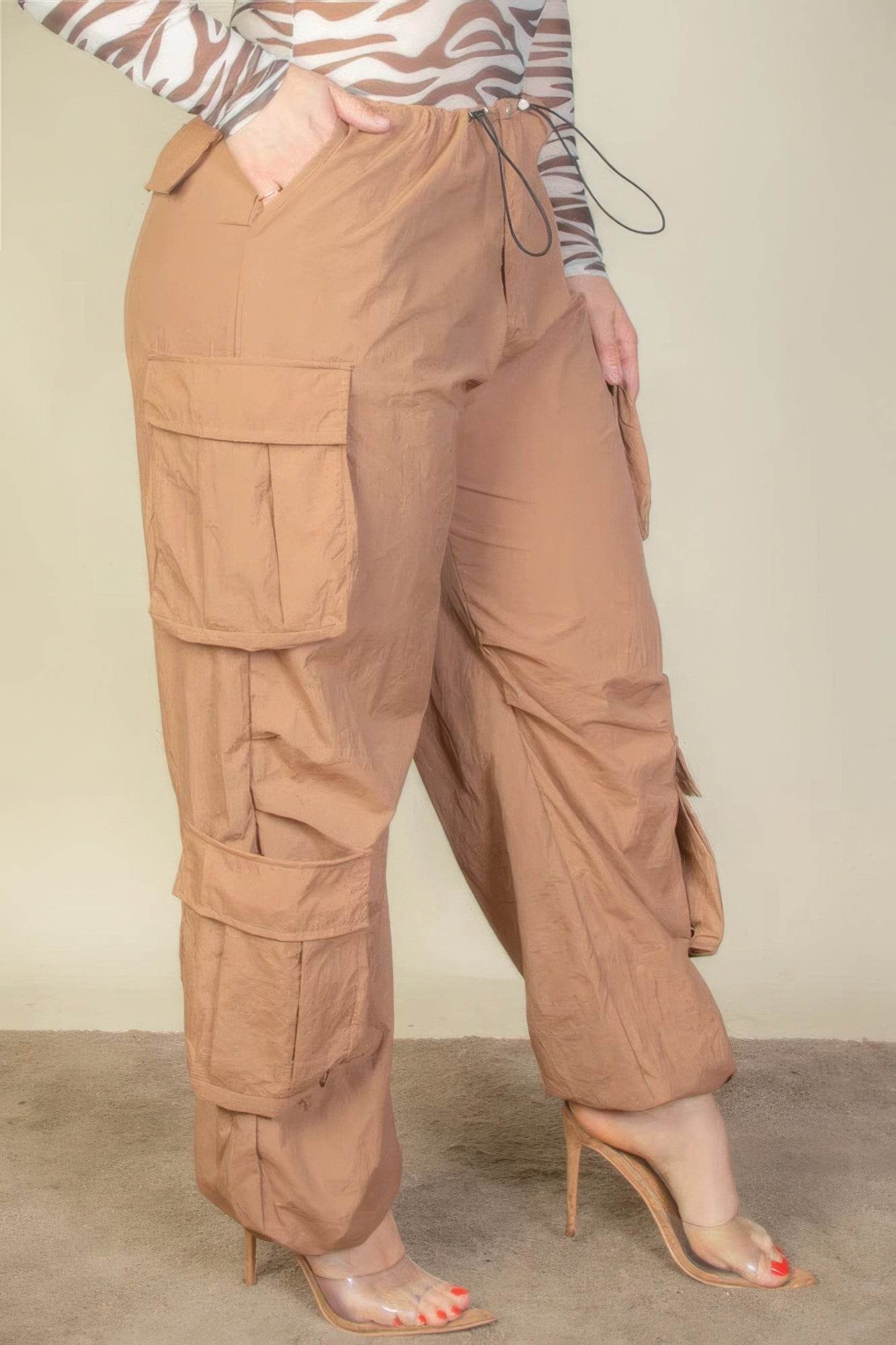 Plus Size Flap Pockets Drawstring Ruched Parachute Pants - Ultim8 Designs 4 U