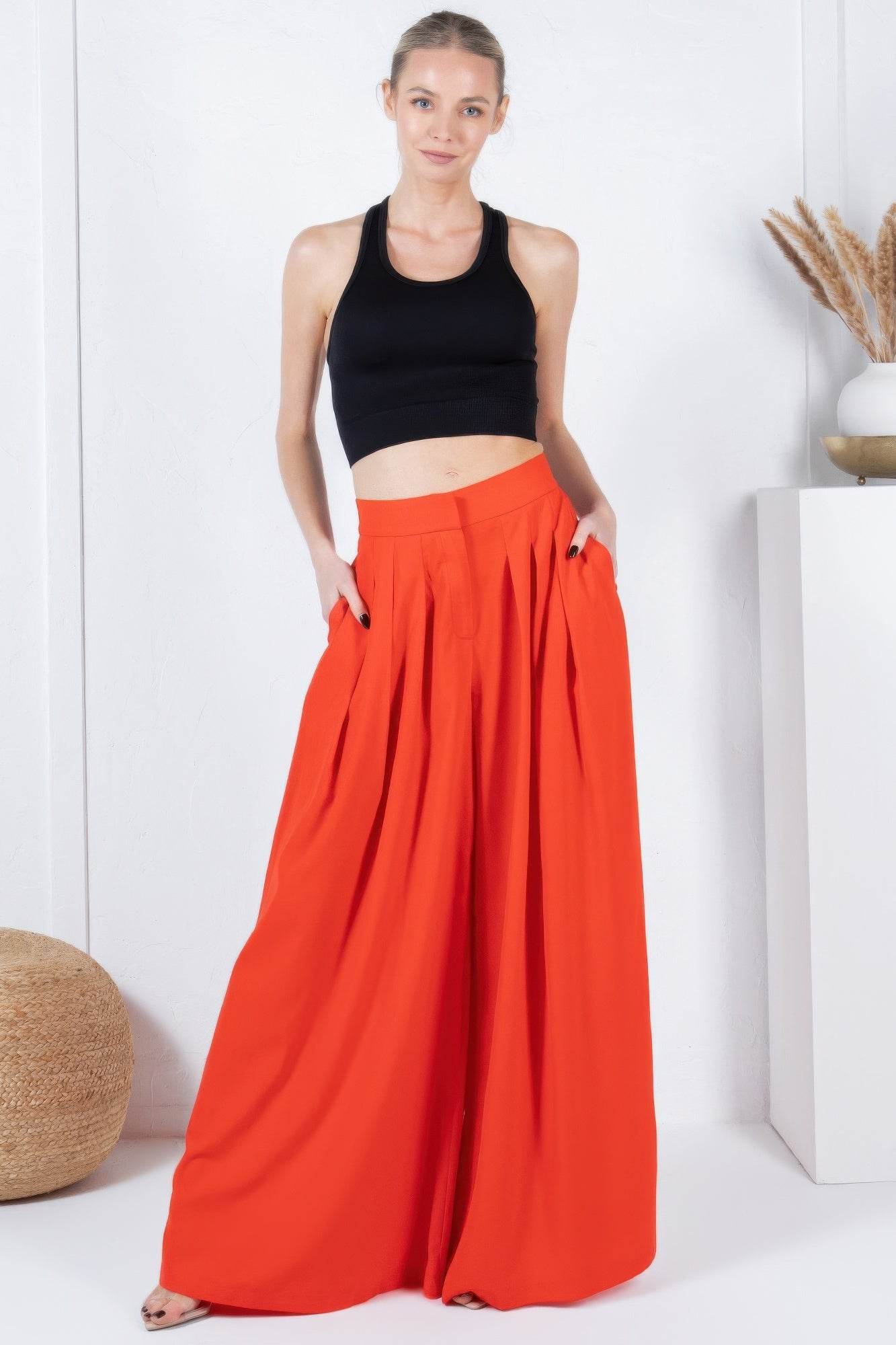Large Hem Wide Leg Pleated Solid Pants - Ultim8 Designs 4 U