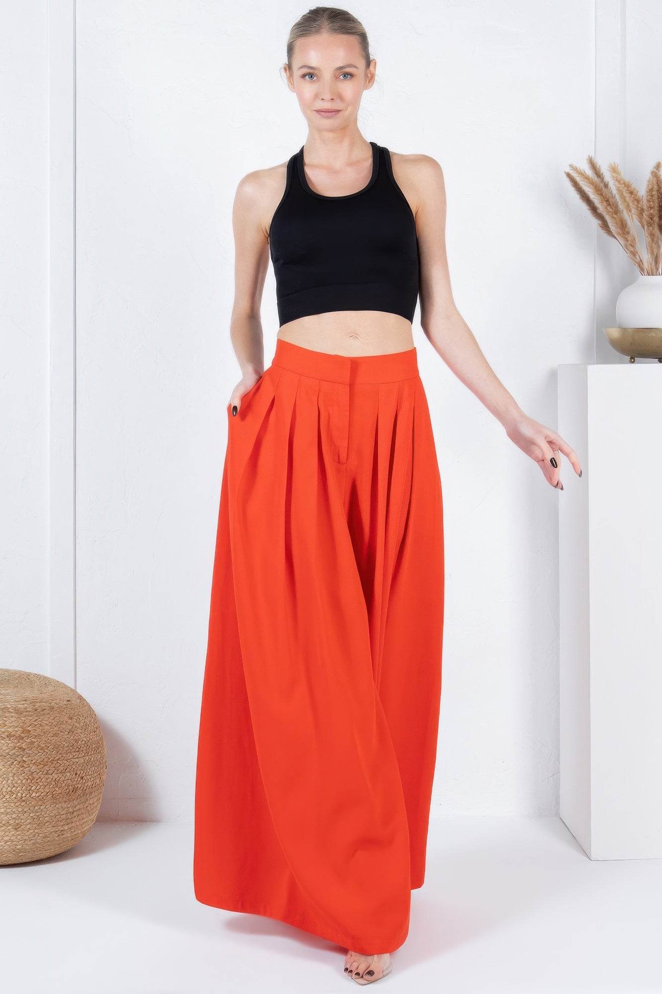Large Hem Wide Leg Pleated Solid Pants - Ultim8 Designs 4 U