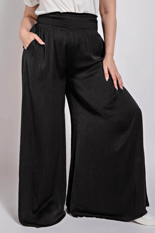 Washed Satin Wide Pants With Waist Smocked - Ultim8 Designs 4 U