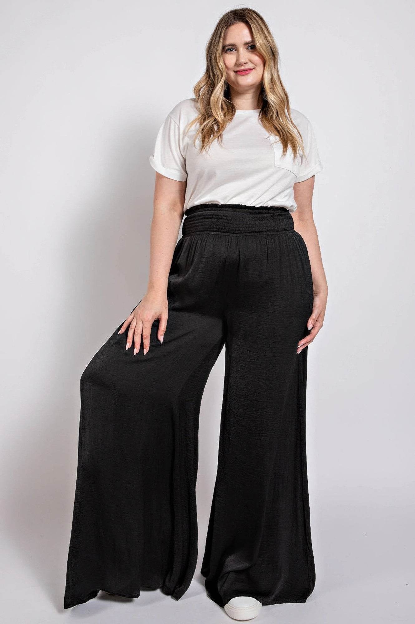 Washed Satin Wide Pants With Waist Smocked - Ultim8 Designs 4 U
