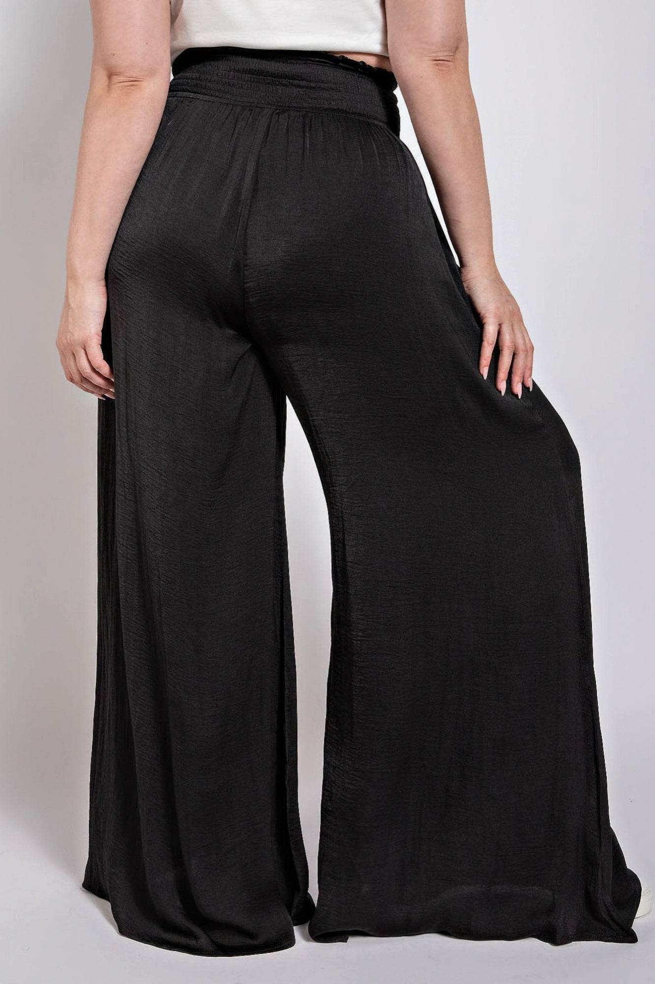 Washed Satin Wide Pants With Waist Smocked - Ultim8 Designs 4 U