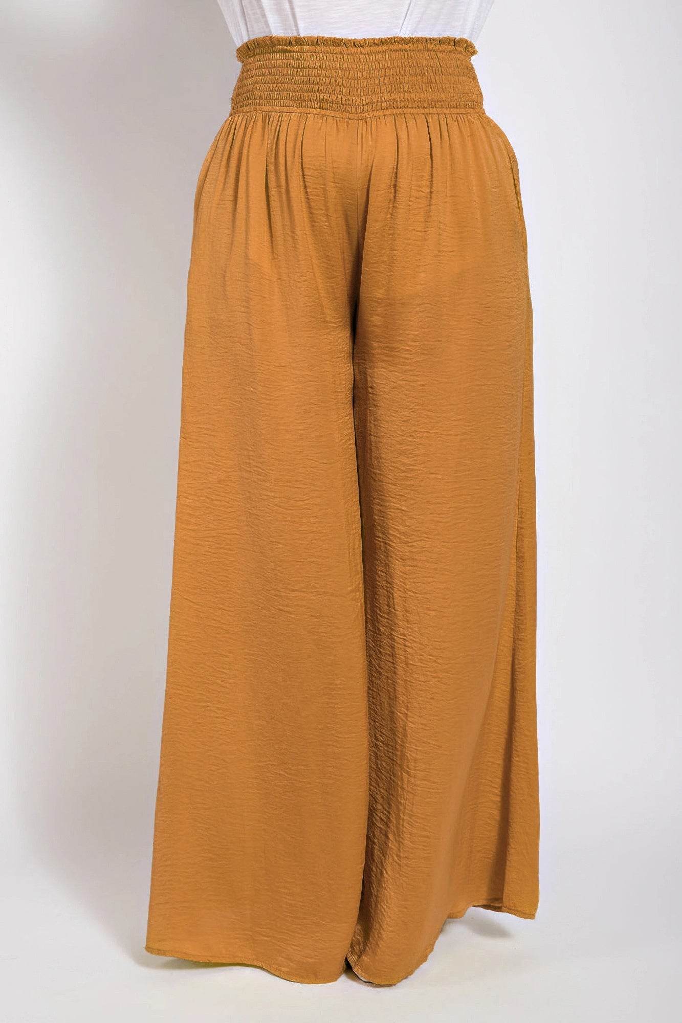 Washed Satin Wide Pants With Waist Smocked - Ultim8 Designs 4 U