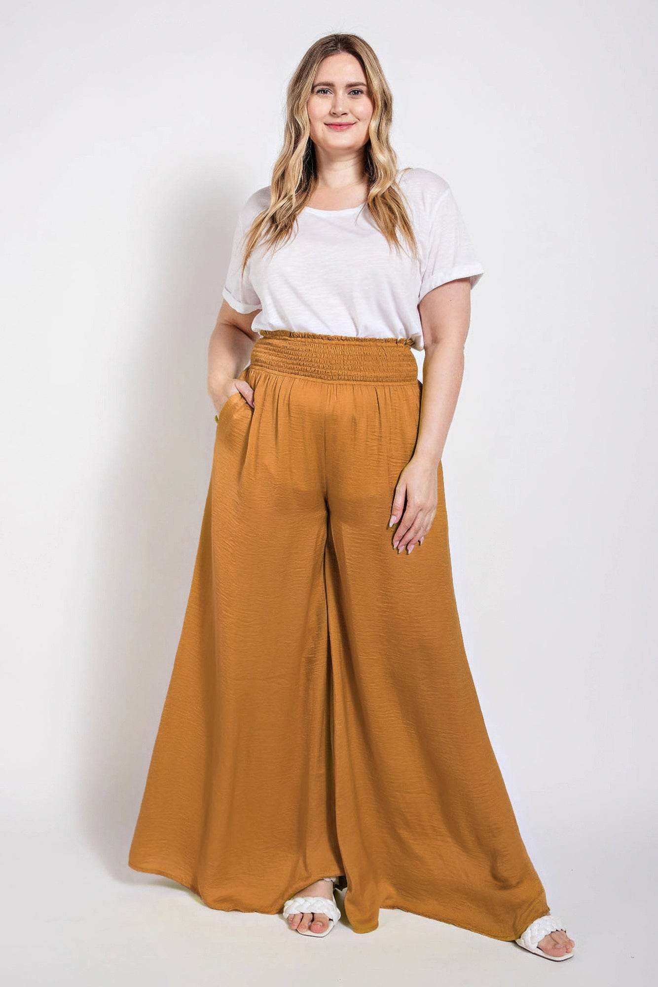 Washed Satin Wide Pants With Waist Smocked - Ultim8 Designs 4 U