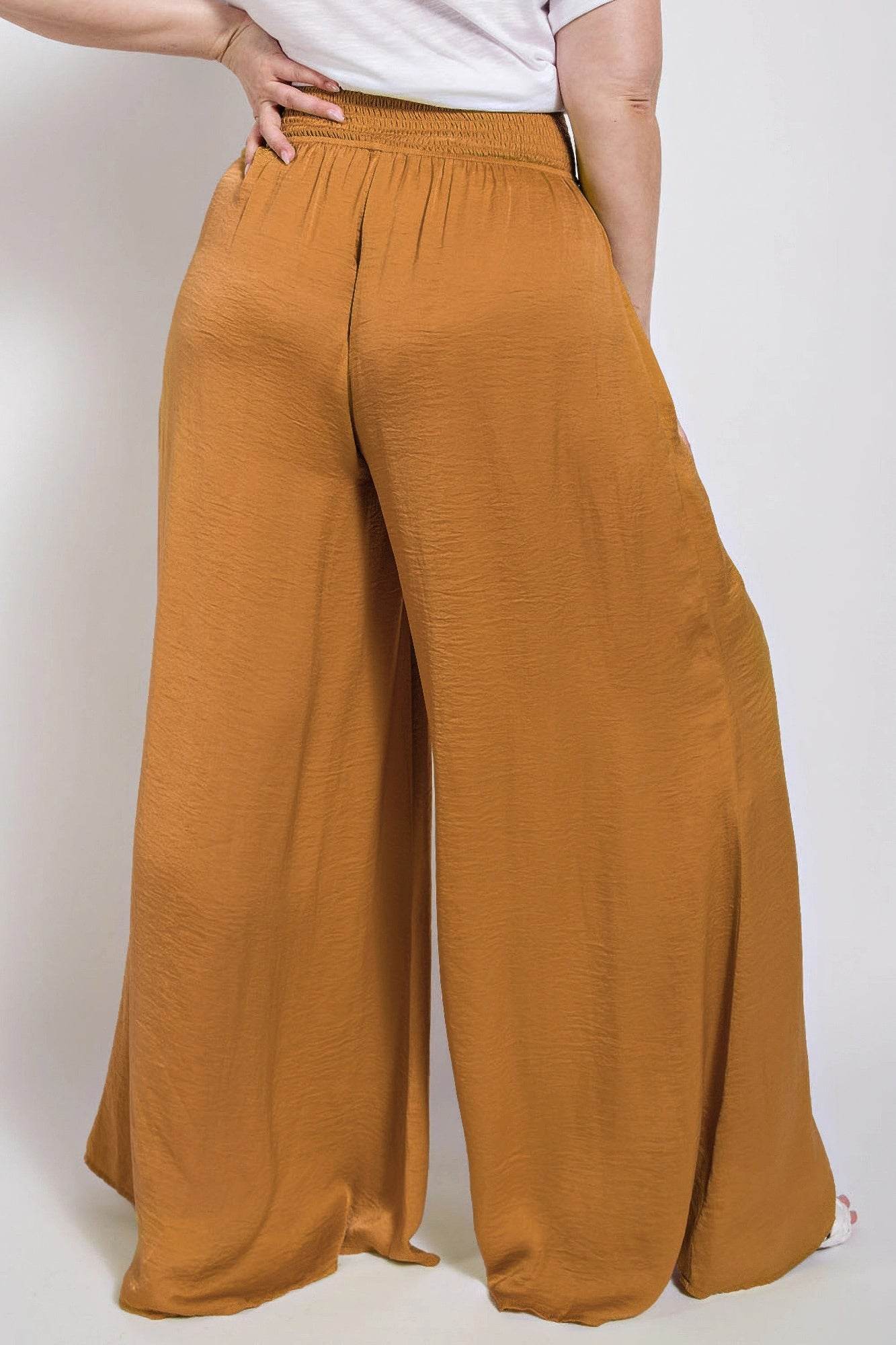 Washed Satin Wide Pants With Waist Smocked - Ultim8 Designs 4 U