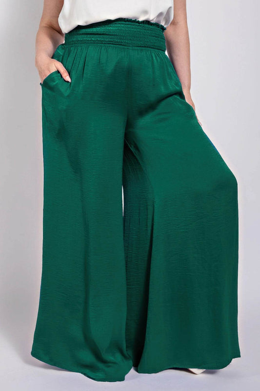 Washed Satin Wide Pants With Waist Smocked - Ultim8 Designs 4 U