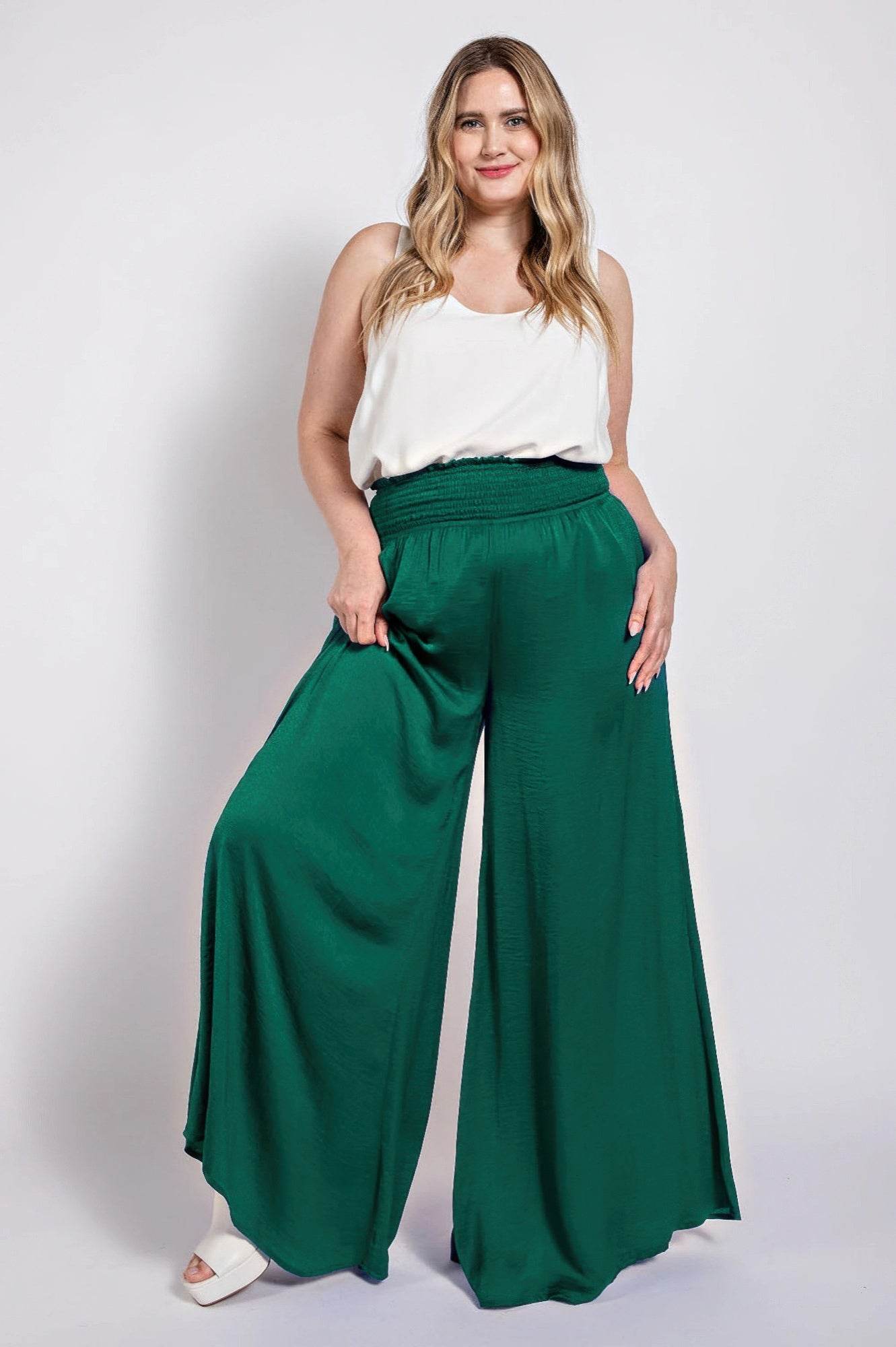 Washed Satin Wide Pants With Waist Smocked - Ultim8 Designs 4 U