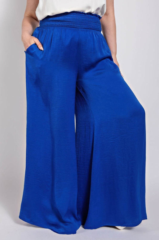 Washed Satin Wide Pants With Waist Smocked - Ultim8 Designs 4 U
