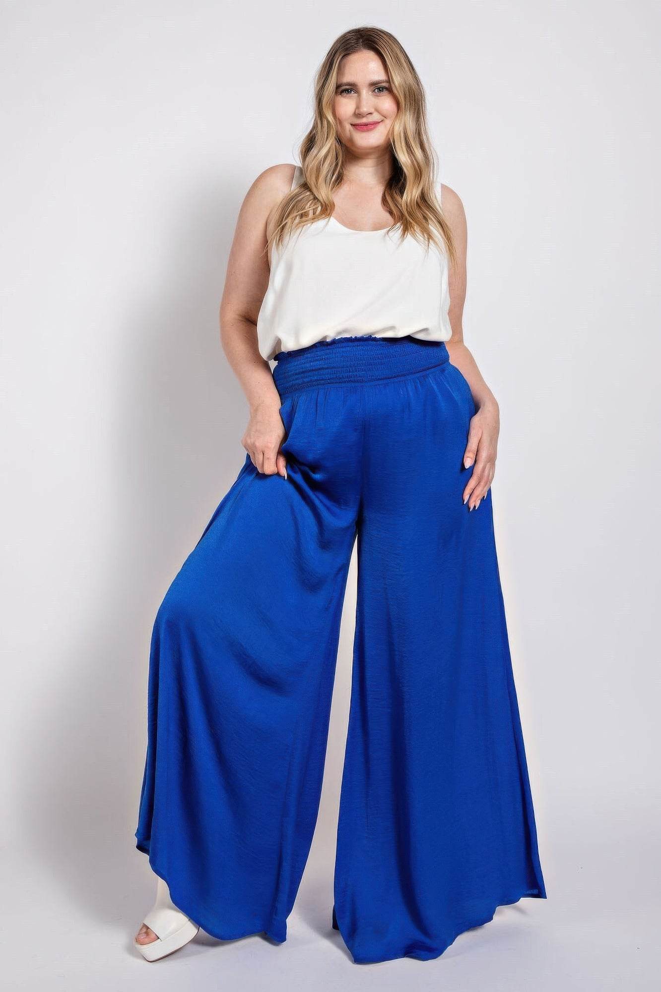 Washed Satin Wide Pants With Waist Smocked - Ultim8 Designs 4 U