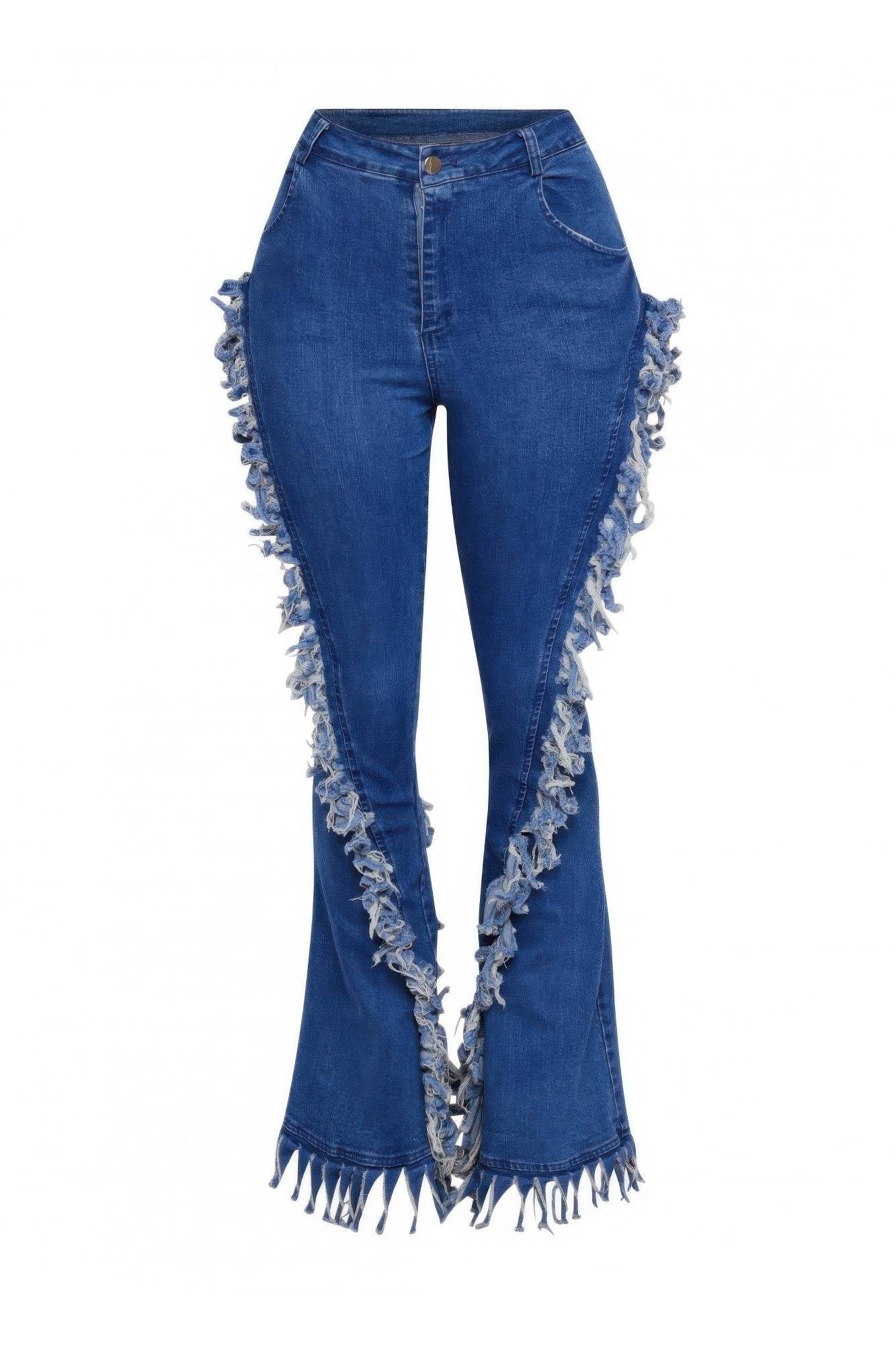 Distressed Fringe Denim Flared Pant - Ultim8 Designs 4 U