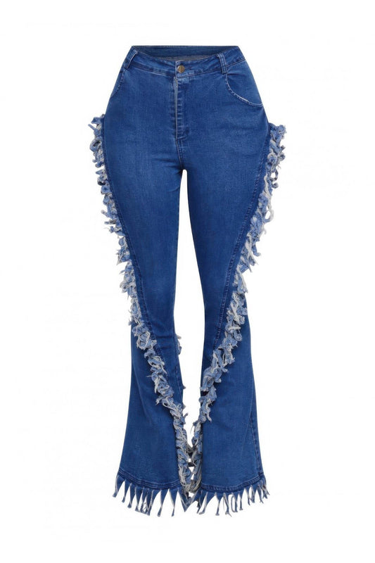 Distressed Fringe Denim Flared Pant - Ultim8 Designs 4 U