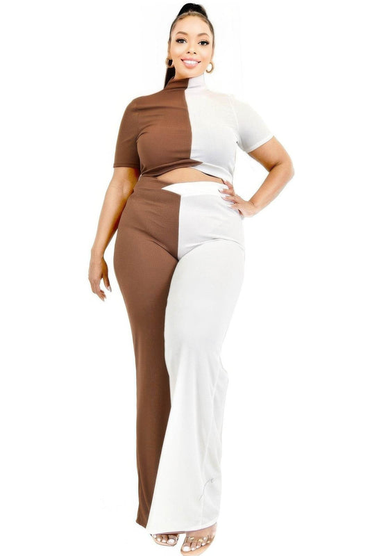 Plus Color Block Mock Neck 2 Piece Pants Set - Ultim8 Designs 4 U