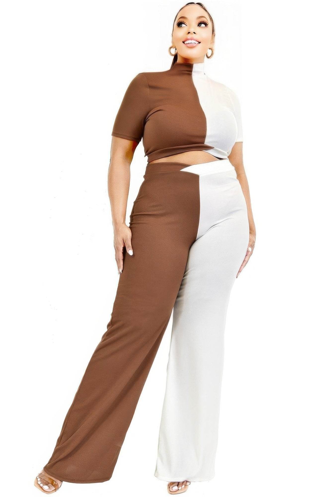 Plus Color Block Mock Neck 2 Piece Pants Set - Ultim8 Designs 4 U